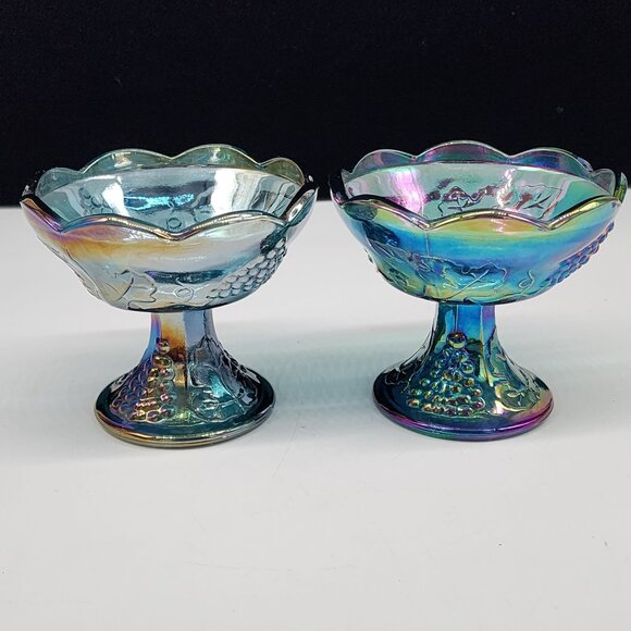 Indiana Grape Pattern Carnival Glass Candle Holders Blue & Iridescent Finish 4" - Picture 2 of 7